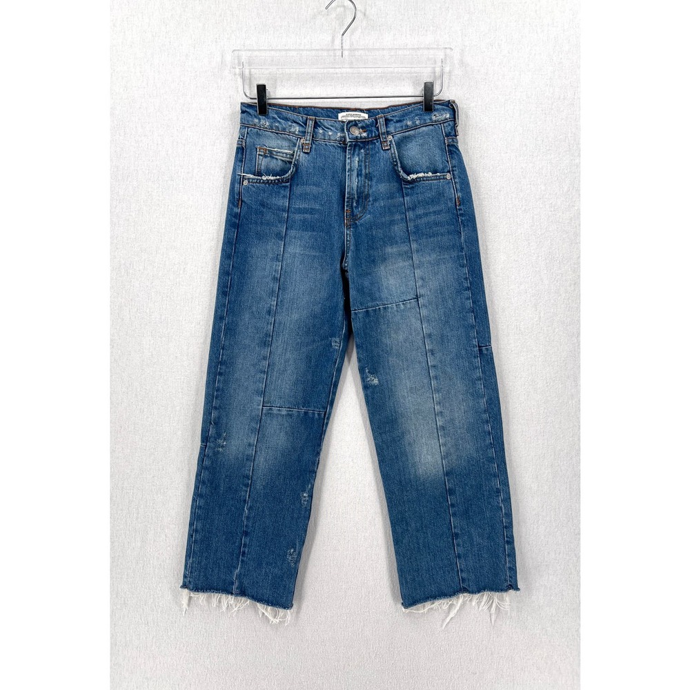 ZARA Jeans Womens 2 Blue Patched Pieced Straight Leg Cropped Raw Hem Rigid